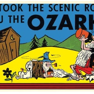Vintage jaren 1950 stijl AR Arkansas Traveler Ozarks schilderachtige route cartoon retro reis sticker sticker staat kaart