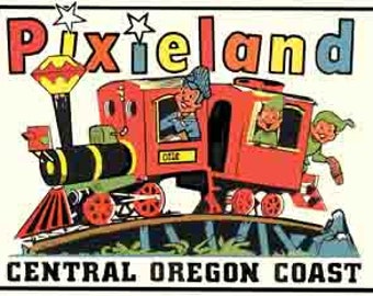 Vintage  1950's style  Pixieland  central Oregon Coast amusement park OR     retro  travel decal  sticker state map