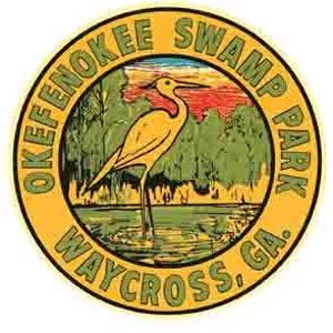 Vintage 1950 Stil Okefenokee Swamp Park Waycross GA Georgia Alligator Retro Reise Aufkleber Aufkleber Zustand Karte