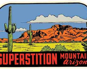 Vintage  1950's style  Superstition Mountain AZ  Arizona      retro  travel decal  sticker state map