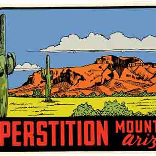 Vintage  1950's style  Superstition Mountain AZ  Arizona      retro  travel decal  sticker state map