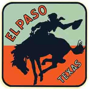 Può includere: Un'illustrazione in stile vintage di un cowboy che cavalca un cavallo che si ribella con le parole "EL PASO TEXAS" in uno schema di colori rosso e verde.