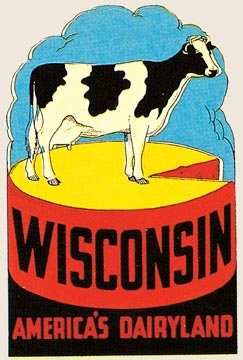 Vintage  1950's style  WI  Wisconsin The Badger State  Dairyland cow     retro  travel decal  sticker state map
