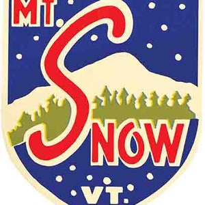 May include: A vintage-style logo for Mt. Snow, a ski resort in Vermont. The logo features a red stylized 'S' with a white mountain peak and green trees in the background. The text 'MT. SNOW VT.' is displayed in white letters on a blue shield.