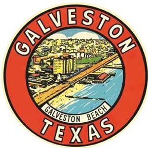 Vintage 1950-talsstil Galveston Island TX Texas strand retro reseklistermärke delstatskarta