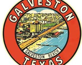 Vintage  1950's style  Galveston Island TX texas  beach      retro  travel decal  sticker state map