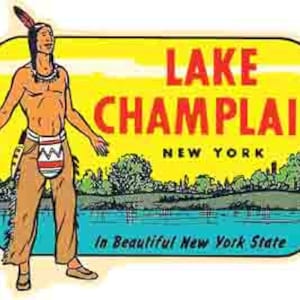May include: Vintage souvenir sticker featuring a Native American figure in traditional clothing, standing against a yellow background with the text "LAKE CHAMPLAIN NEW YORK In Beautiful New York State".