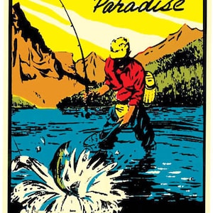 May include: A vintage travel poster advertising Kalispell, Montana as a "Sportsman's Paradise". The poster features a colorful illustration of a man fishing in a lake with mountains in the background. The text "Sportsman's Paradise" is written in a bold, cursive font. The text "KALISPELL MONT." is written in a large, bold font at the bottom of the poster.