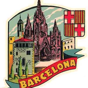 Autocollant de voyage rétro Barcelone Espagne style années 50, carte de l'état