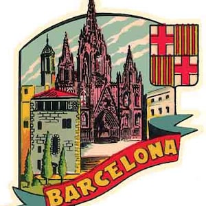 Vintage  1950's style  Barcelona Spain       retro  travel decal  sticker state map