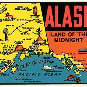 vintage 1960's style Alaska Map Anchorage Juneau rétro voyage autocollant autocollant carte d'état