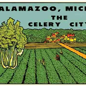 Puede incluir: Ilustración vintage de un campo de apio con un tallo grande de apio en primer plano. El texto dice "Kalamazoo, Mich. The Celery City".