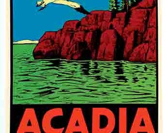 May include: A vintage travel poster for Acadia National Park in Maine. The poster features a red cliff with green water in the foreground and two white seagulls flying in a blue sky. The text "Acadia National Park Maine" is in red, black, and yellow.