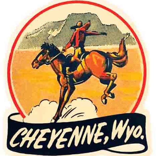 Vintage  1950's style  Cheyenne WY Wyoming National Park  rodeo      retro  travel decal  sticker state map