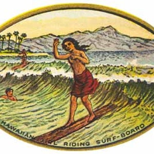 Vintage  1930's style Hawaii  Waikiki Beach  Surfing     retro  travel decal   sticker state map