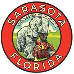 Vintage 1960 Stil Sarasota Florida FL Zirkus Runde Retro Reise Aufkleber Aufkleber Zustand Karte