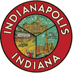 Vintage  1950's style  Indianapolis IN  auto racing  retro  travel decal  sticker state map