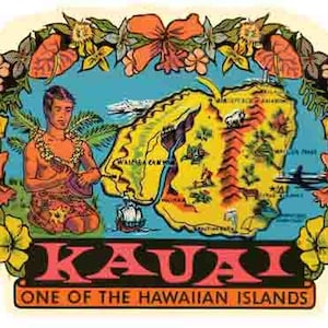 Style vintage des années 1950, Kauai, Hawaii, îles Hawaï, autocollant de voyage rétro, carte de l'état