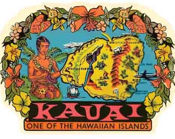 Vintage  1950's style  Kauai  Hawaii  Hawaiian Islands   retro  travel decal  sticker state map