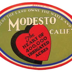 May include: A vintage oval-shaped sticker with a red, white, and blue border. The sticker has a green background with the text "WHERE THE LAND OWNS THE WATER AND POWER" in a white circle. The text "MODESTO CALIF." is in a black circle. A red heart with a black outline is in the center of the sticker. The heart has the text "The HEART OF 400,000 IRRIGATED ACRES" in black.