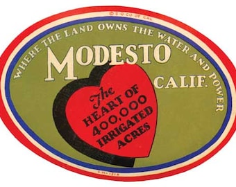 Vintage  1950's style  Modesto CA  California   retro  travel decal  sticker state map