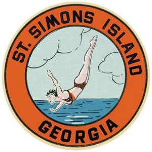 May include: A vintage style travel sticker featuring a woman diving into the ocean with the text "St. Simons Island Georgia" in a circle around her.