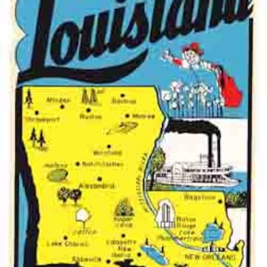 Vintage 1950 Stil Louisiana State Karte New Orleans Baton Rouge retro Reise Aufkleber Aufkleber Zustand