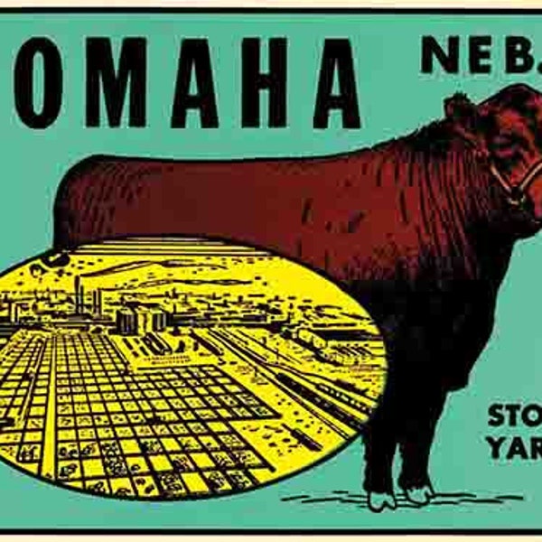 Vintage  1950's style   Omaha Nebraska NE  Stockyards  retro  travel decal sticker state map