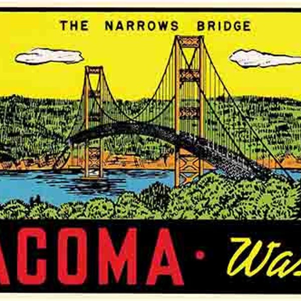 Vintage  1950's style  Tacoma WA  Washington  retro  travel decal  sticker state map