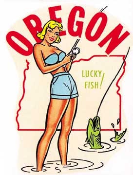Vintage 1950's style Oregon Coast OR Fishing pin-up girl bathing beauty  retro travel decal sticker state map