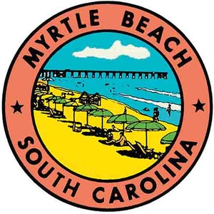 May include: Circular graphic featuring a beach scene with the text "MYRTLE BEACH SOUTH CAROLINA." The image shows a pier, beach umbrellas, and people relaxing on the sand. The design is in a retro style with a color palette of orange, yellow, blue, and green.