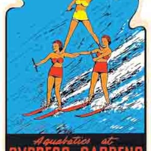 Vintage 50er Jahre Stil Florida Cypress Gardens Wasserski Mädchen Trio Retro Reise Aufkleber Aufkleber Zustand Karte