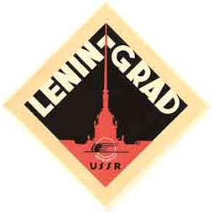 May include: A vintage travel poster with a black and white illustration of a city skyline. The poster is in a diamond shape with the word "LENINGRAD" in white letters on a black background. The text "USSR" is in white letters on a red background at the bottom of the poster.
