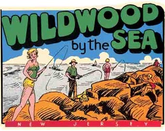 Vintage  1960's style    Wildwood By The Sea NJ New Jersey beach  retro  travel decal  sticker state map