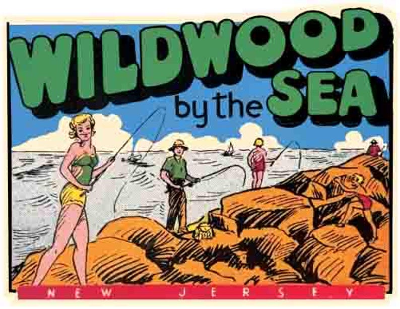 May include: Vintage travel poster with the text "Wildwood by the Sea." The illustration depicts people fishing on a rocky shore, with a woman in a swimsuit and shorts in the foreground. The words "New Jersey" are at the bottom.
