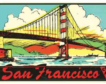 Vintage  1950's style   Golden Gate    San Francisco CA California        retro  travel decal  sticker state map
