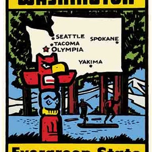 Vintage 1960er Jahre Seattle WA Washington The Evergreen State Retro Reiseaufkleber Aufkleber State Map