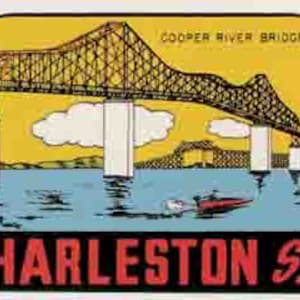 Adesivo de viagem retrô estilo vintage dos anos 1950, Charleston, SC, Carolina do Sul, mapa do estado