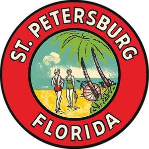 Vintage  1950&#39;s style  St. Petersburg Beach Pete Florida FL   round  retro  travel decal  sticker state map