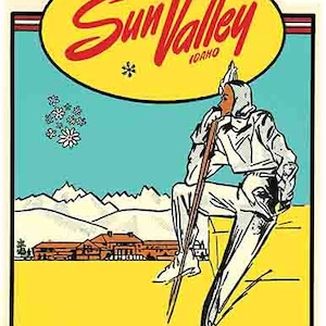 Vintage 1950's stijl Sun Valley ID Idaho skiën retro reizen sticker staatskaart