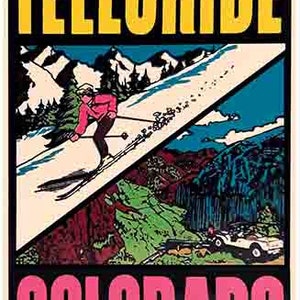 Mapa del estado con calcomanía de viaje retro de Telluride CO Colorado, estación de esquí en la nieve, estilo vintage de los años 60