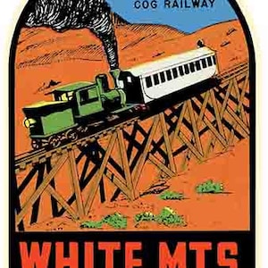 May include: A vintage travel poster for the White Mountains in New Hampshire. The poster features a red, white, and blue illustration of a train traveling on a wooden trestle bridge. The text on the poster reads "MT. WASHINGTON COG RAILWAY" and "WHITE MTS. NEW HAMPSHIRE".