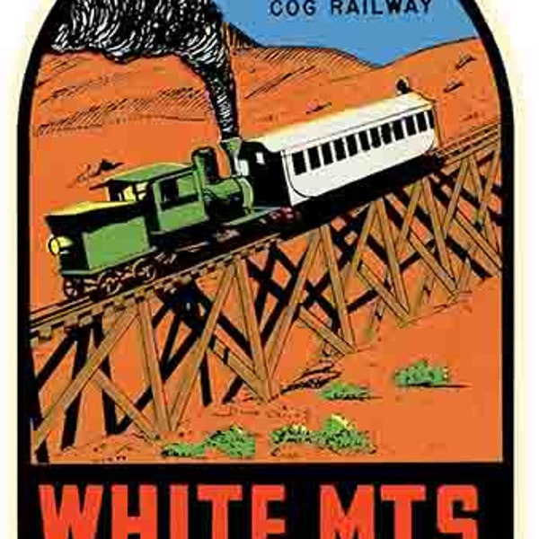 Vintage  1950's style  White Mountains New Hampshire NH Cog Railway   retro  travel decal  sticker state map