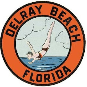 May include: A vintage travel sticker featuring a woman diving into the ocean with the text "Delray Beach Florida" in a circle around her.