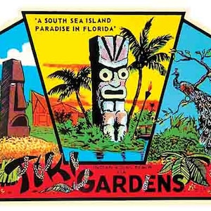 Vintage jaren 1950 stijl Tiki Gardens Florida FL retro reissticker sticker staat kaart