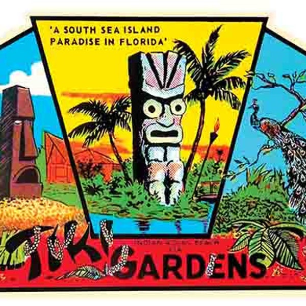 Vintage  1950's style  Tiki Gardens Florida  FL    retro  travel decal  sticker state map