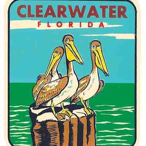 Vintage 1950 's stijl Clearwater Beach FL Florida Gulf Coast Tampa pelicans retro reizen sticker sticker staat kaart