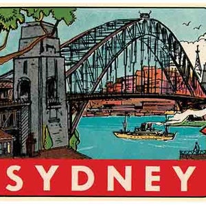 May include: A vintage postcard featuring a colorful illustration of the Sydney Harbour Bridge in Australia. The postcard has a red banner at the bottom with the word "SYDNEY" in white letters.