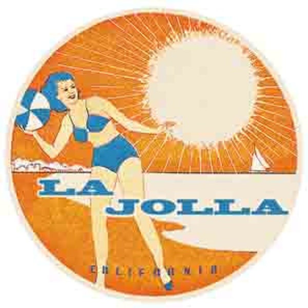 Vintage  1950's style  La Jolla   Beach  CA  California   Bathing Beauty    retro  travel decal  sticker state map