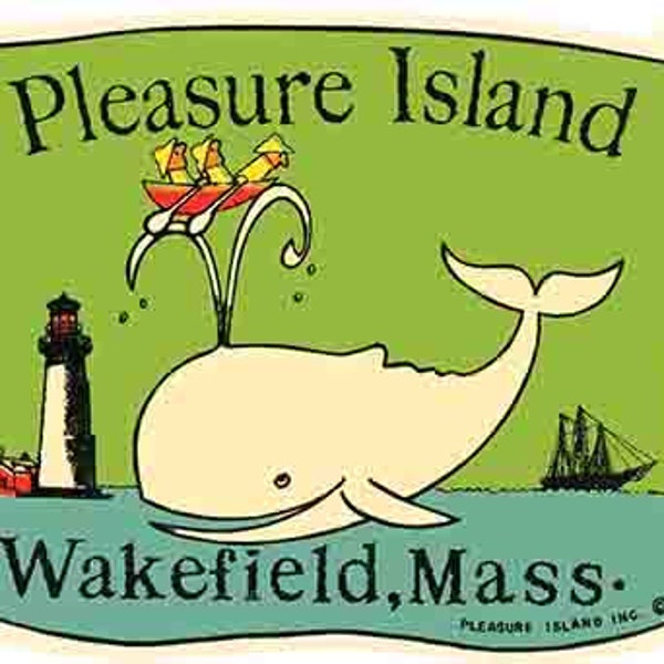Vintage  1950's style  Wakefield MA  Massachusetts Pleasure island        retro  travel decal  sticker state map
